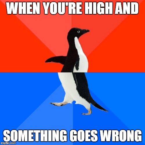 Socially Awesome Awkward Penguin | WHEN YOU'RE HIGH AND; SOMETHING GOES WRONG | image tagged in memes,socially awesome awkward penguin | made w/ Imgflip meme maker