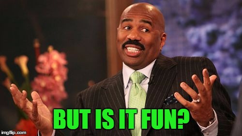 BUT IS IT FUN? | image tagged in memes,steve harvey | made w/ Imgflip meme maker