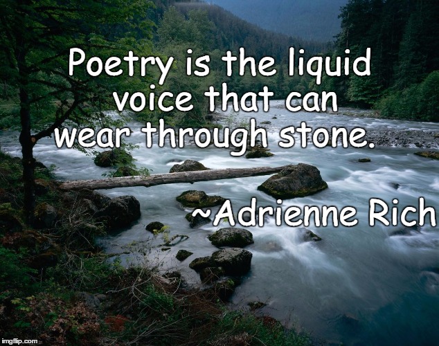River | Poetry is the liquid voice that can wear through stone. ~Adrienne Rich | image tagged in adrienne rich,poetry,stones,connection,voice,truth | made w/ Imgflip meme maker