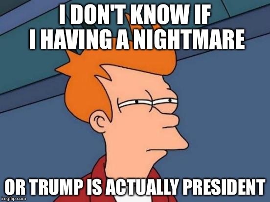 Futurama Fry | I DON'T KNOW IF I HAVING A NIGHTMARE; OR TRUMP IS ACTUALLY PRESIDENT | image tagged in memes,futurama fry | made w/ Imgflip meme maker