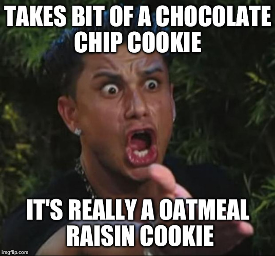DJ Pauly D Meme | TAKES BIT OF A CHOCOLATE CHIP COOKIE; IT'S REALLY A OATMEAL RAISIN COOKIE | image tagged in memes,dj pauly d | made w/ Imgflip meme maker