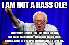 Bernie Sanders, Homeowner | I AM NOT A HASS OLE! I ONLY SAY THINGS LIKE, THE RICH DO NOT PAY THEIR FAIR SHARE...FROM ONE OF MY THREE HOMES, AND I GET STUPID MILLENNIALS TO LOVE ME. | image tagged in bernie sanders,hypocrisy,liberal logic,arrogant rich man,democrats,socialist | made w/ Imgflip meme maker