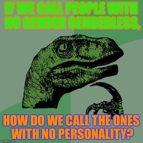 People with no personality | IF WE CALL PEOPLE WITH NO GENDER GENDERLESS, HOW DO WE CALL THE ONES WITH NO PERSONALITY? | image tagged in memes,philosoraptor | made w/ Imgflip meme maker