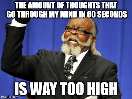 Too Damn High Meme | THE AMOUNT OF THOUGHTS THAT GO THROUGH MY MIND IN 60 SECONDS; IS WAY TOO HIGH | image tagged in memes,too damn high | made w/ Imgflip meme maker