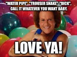 Richard Simmons | "WATER PIPE", "TROUSER SNAKE", "DICK", CALL IT WHATEVER YOU WANT BABY. LOVE YA! | image tagged in richard simmons | made w/ Imgflip meme maker