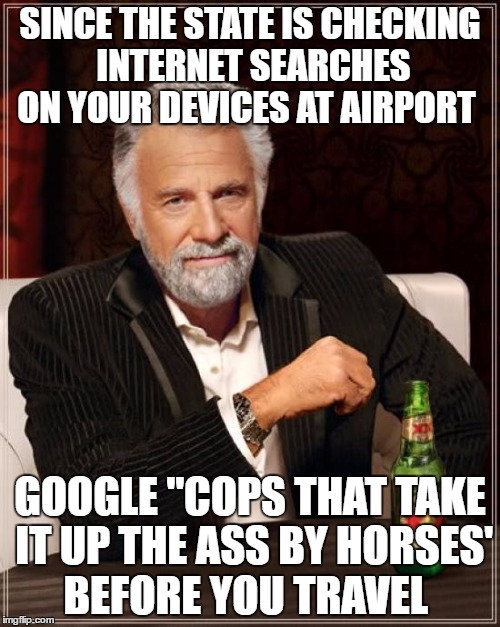 The Most Interesting Man In The World Meme | SINCE THE STATE IS CHECKING INTERNET SEARCHES ON YOUR DEVICES AT AIRPORT; GOOGLE "COPS THAT TAKE IT UP THE ASS BY HORSES'  BEFORE YOU TRAVEL | image tagged in memes,the most interesting man in the world | made w/ Imgflip meme maker