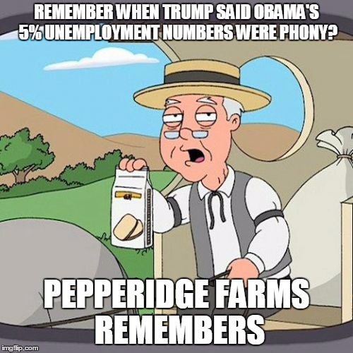 Everyone should. It was like 6 months ago. | REMEMBER WHEN TRUMP SAID OBAMA'S 5% UNEMPLOYMENT NUMBERS WERE PHONY? PEPPERIDGE FARMS REMEMBERS | image tagged in memes,pepperidge farm remembers | made w/ Imgflip meme maker