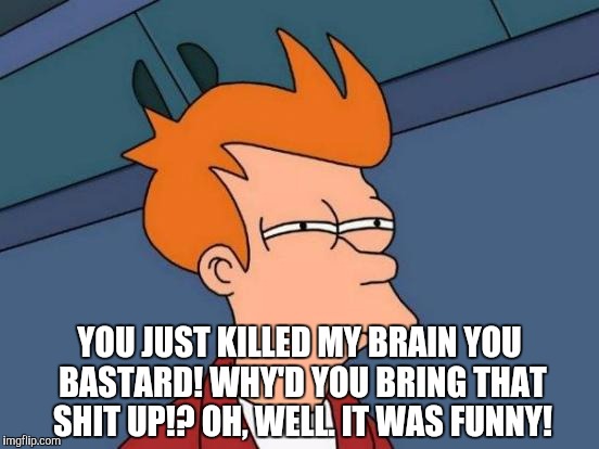 Futurama Fry Meme | YOU JUST KILLED MY BRAIN YOU BASTARD! WHY'D YOU BRING THAT SHIT UP!? OH, WELL. IT WAS FUNNY! | image tagged in memes,futurama fry | made w/ Imgflip meme maker