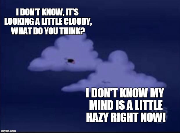 Ha ha ha, puns are great! :) | I DON'T KNOW, IT'S LOOKING A LITTLE CLOUDY, WHAT DO YOU THINK? I DON'T KNOW MY MIND IS A LITTLE HAZY RIGHT NOW! | image tagged in family guy cloud | made w/ Imgflip meme maker
