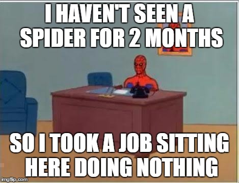 Spiderman Computer Desk | I HAVEN'T SEEN A SPIDER FOR 2 MONTHS; SO I TOOK A JOB SITTING HERE DOING NOTHING | image tagged in memes,spiderman computer desk,spiderman | made w/ Imgflip meme maker