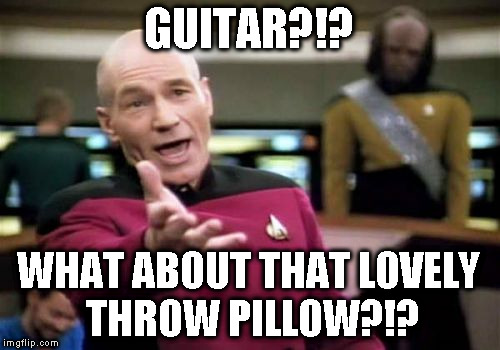 Picard Wtf Meme | GUITAR?!? WHAT ABOUT THAT LOVELY THROW PILLOW?!? | image tagged in memes,picard wtf | made w/ Imgflip meme maker