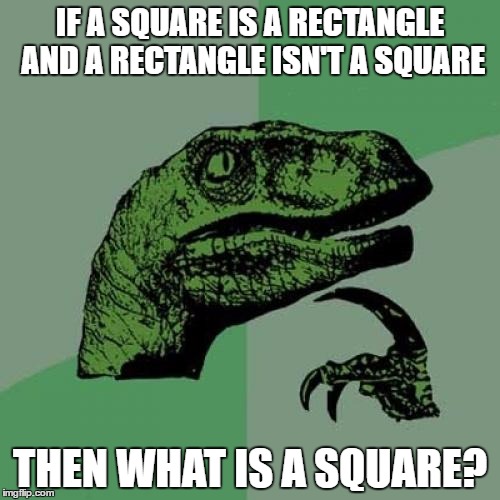 Philosoraptor | IF A SQUARE IS A RECTANGLE AND A RECTANGLE ISN'T A SQUARE; THEN WHAT IS A SQUARE? | image tagged in memes,philosoraptor | made w/ Imgflip meme maker