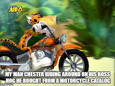 Chester too cool to fool | MY MAN CHESTER RIDING AROUND ON HIS BOSS HOG HE BOUGHT FROM A MOTORCYCLE CATALOG | image tagged in cheetos | made w/ Imgflip meme maker