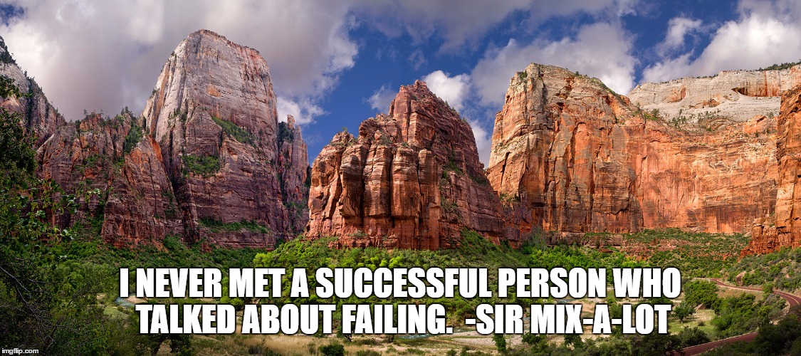 I NEVER MET A SUCCESSFUL PERSON WHO TALKED ABOUT FAILING.  -SIR MIX-A-LOT | image tagged in zion national park | made w/ Imgflip meme maker