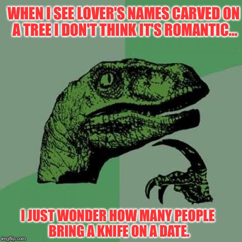 Philosoraptor | WHEN I SEE LOVER'S NAMES CARVED ON A TREE I DON'T THINK IT'S ROMANTIC... I JUST WONDER HOW MANY PEOPLE BRING A KNIFE ON A DATE. | image tagged in memes,philosoraptor | made w/ Imgflip meme maker