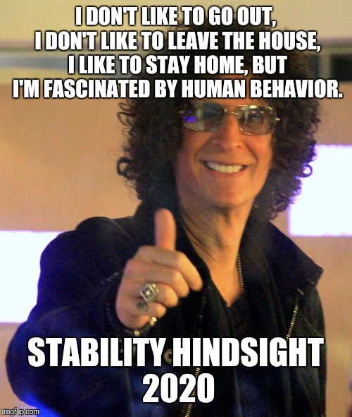 Howard Stern | I DON'T LIKE TO GO OUT, I DON'T LIKE TO LEAVE THE HOUSE, I LIKE TO STAY HOME, BUT I'M FASCINATED BY HUMAN BEHAVIOR. STABILITY HINDSIGHT 2020 | image tagged in howard stern | made w/ Imgflip meme maker