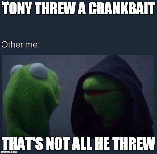 Evil Kermit | TONY THREW A CRANKBAIT; THAT'S NOT ALL HE THREW | image tagged in evil kermit | made w/ Imgflip meme maker