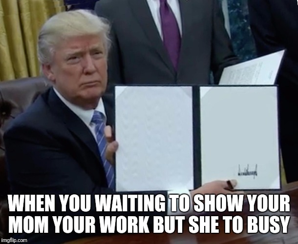 Trump Bill Signing | WHEN YOU WAITING TO SHOW YOUR MOM YOUR WORK BUT SHE TO BUSY | image tagged in trump bill signing | made w/ Imgflip meme maker