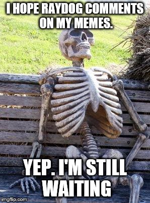 Waiting Skeleton | I HOPE RAYDOG COMMENTS ON MY MEMES. YEP. I'M STILL WAITING | image tagged in memes,waiting skeleton | made w/ Imgflip meme maker