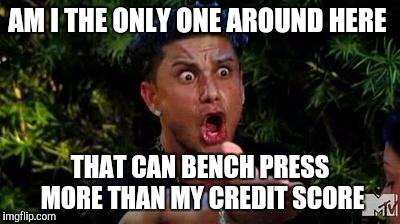 Here's a hybrid one for ya |  AM I THE ONLY ONE AROUND HERE; THAT CAN BENCH PRESS MORE THAN MY CREDIT SCORE | image tagged in jerseyshore | made w/ Imgflip meme maker