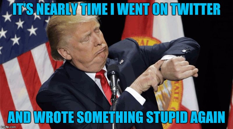 How Soon Till I Go On Twitter And Write Stupid Things Again? | IT'S NEARLY TIME I WENT ON TWITTER; AND WROTE SOMETHING STUPID AGAIN | image tagged in trump checks the time | made w/ Imgflip meme maker