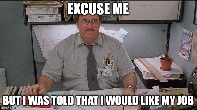 Excuse Me | EXCUSE ME; BUT I WAS TOLD THAT I WOULD LIKE MY JOB | image tagged in excuse me | made w/ Imgflip meme maker