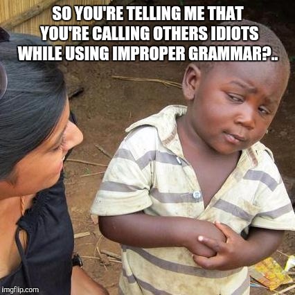 Third World Skeptical Kid Meme | SO YOU'RE TELLING ME THAT YOU'RE CALLING OTHERS IDIOTS WHILE USING IMPROPER GRAMMAR?.. | image tagged in memes,third world skeptical kid | made w/ Imgflip meme maker