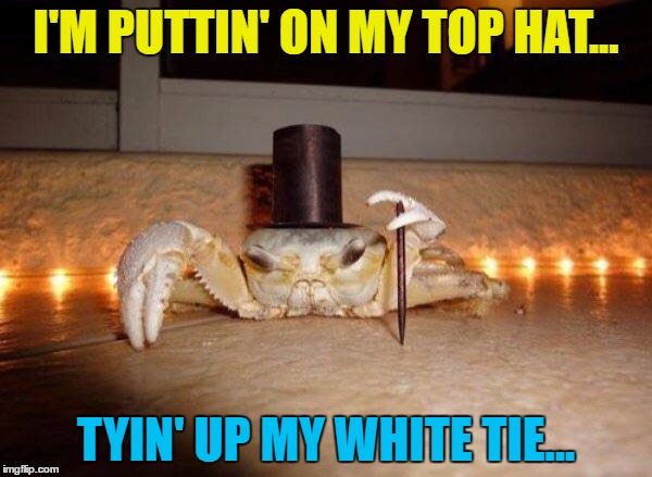 What in crustacean... | I'M PUTTIN' ON MY TOP HAT... TYIN' UP MY WHITE TIE... | image tagged in fancy crab,memes,animals,crabs,musicals,films | made w/ Imgflip meme maker