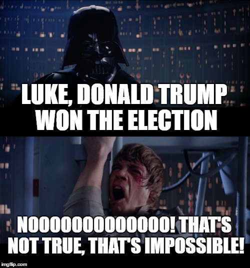i know im late to the party | LUKE, DONALD TRUMP WON THE ELECTION; NOOOOOOOOOOOOO! THAT'S NOT TRUE, THAT'S IMPOSSIBLE! | image tagged in memes,star wars no | made w/ Imgflip meme maker