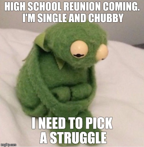 Sad Kermit | HIGH SCHOOL REUNION COMING. I'M SINGLE AND CHUBBY; I NEED TO PICK A STRUGGLE | image tagged in sad kermit | made w/ Imgflip meme maker