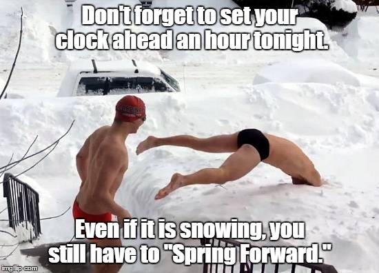 snow swimming | Don't forget to set your clock ahead an hour tonight. Even if it is snowing, you still have to "Spring Forward." | image tagged in snow swimming | made w/ Imgflip meme maker