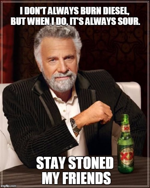 The Most Interesting Man In The World | I DON'T ALWAYS BURN DIESEL, BUT WHEN I DO, IT'S ALWAYS SOUR. STAY STONED MY FRIENDS | image tagged in memes,the most interesting man in the world | made w/ Imgflip meme maker