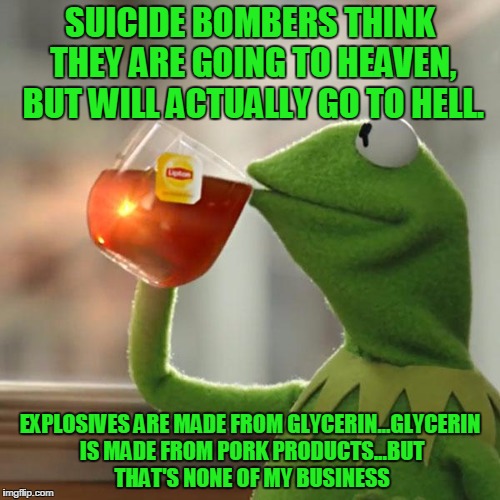 But That's None Of My Business Meme | SUICIDE BOMBERS THINK THEY ARE GOING TO HEAVEN, BUT WILL ACTUALLY GO TO HELL. EXPLOSIVES ARE MADE FROM GLYCERIN...GLYCERIN IS MADE FROM PORK PRODUCTS...BUT THAT'S NONE OF MY BUSINESS | image tagged in memes,but thats none of my business,kermit the frog | made w/ Imgflip meme maker
