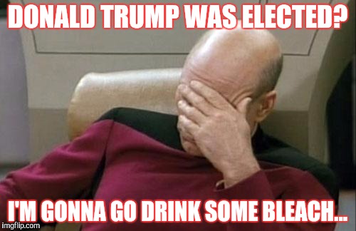 Captain Picard Facepalm Meme | DONALD TRUMP WAS ELECTED? I'M GONNA GO DRINK SOME BLEACH... | image tagged in memes,captain picard facepalm | made w/ Imgflip meme maker