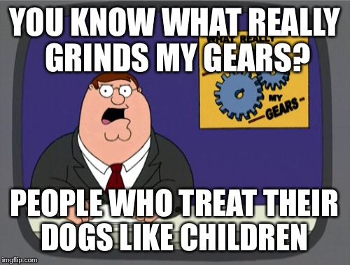 Peter Griffin News | YOU KNOW WHAT REALLY GRINDS MY GEARS? PEOPLE WHO TREAT THEIR DOGS LIKE CHILDREN | image tagged in memes,peter griffin news | made w/ Imgflip meme maker