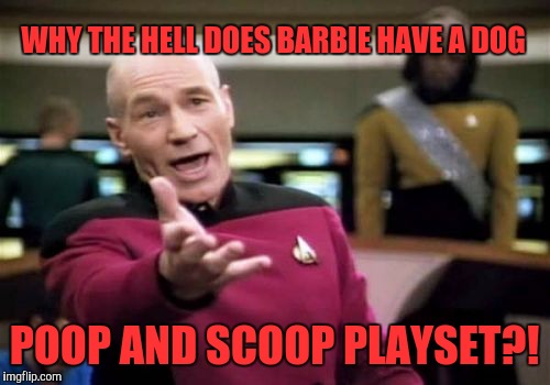 Picard Wtf Meme | WHY THE HELL DOES BARBIE HAVE A DOG; POOP AND SCOOP PLAYSET?! | image tagged in memes,picard wtf | made w/ Imgflip meme maker