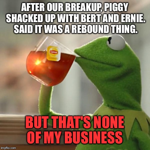 Wild Bacon | AFTER OUR BREAKUP, PIGGY SHACKED UP WITH BERT AND ERNIE. SAID IT WAS A REBOUND THING. BUT THAT'S NONE OF MY BUSINESS | image tagged in memes,but thats none of my business,kermit the frog | made w/ Imgflip meme maker
