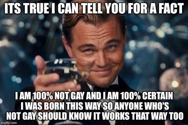 Leonardo Dicaprio Cheers Meme | ITS TRUE I CAN TELL YOU FOR A FACT I AM 100% NOT GAY AND I AM 100% CERTAIN I WAS BORN THIS WAY SO ANYONE WHO'S NOT GAY SHOULD KNOW IT WORKS  | image tagged in memes,leonardo dicaprio cheers | made w/ Imgflip meme maker