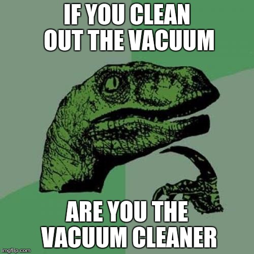 Philosoraptor Meme | IF YOU CLEAN OUT THE VACUUM; ARE YOU THE VACUUM CLEANER | image tagged in memes,philosoraptor | made w/ Imgflip meme maker