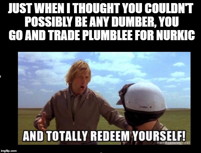 Portland Trailblazers | JUST WHEN I THOUGHT YOU COULDN'T POSSIBLY BE ANY DUMBER, YOU GO AND TRADE PLUMBLEE FOR NURKIC | image tagged in portland,nurkic,nba,basketball | made w/ Imgflip meme maker