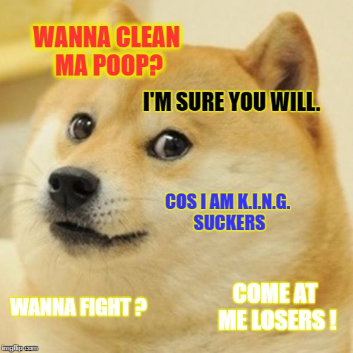 Doge Meme | WANNA CLEAN MA POOP? I'M SURE YOU WILL. COS I AM K.I.N.G. SUCKERS; COME AT ME LOSERS ! WANNA FIGHT ? | image tagged in memes,doge | made w/ Imgflip meme maker