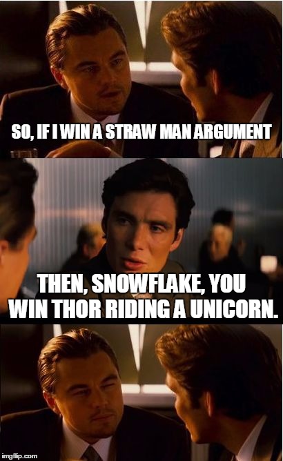 Inception Meme | SO, IF I WIN A STRAW MAN ARGUMENT; THEN, SNOWFLAKE, YOU WIN THOR RIDING A UNICORN. | image tagged in memes,inception | made w/ Imgflip meme maker