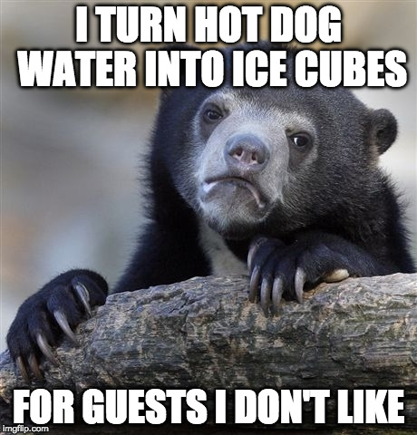 And cook things in bacon grease for those I do. | I TURN HOT DOG WATER INTO ICE CUBES; FOR GUESTS I DON'T LIKE | image tagged in memes,confession bear,ice cube,bacon,unwanted house guest | made w/ Imgflip meme maker