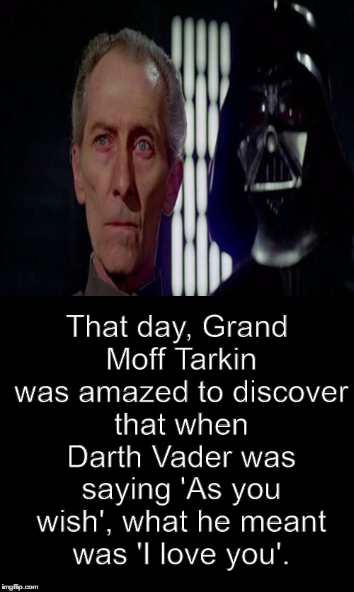 Combining two of my childhood favorites. lol | That day, Grand Moff Tarkin was amazed to discover that when Darth Vader was saying 'As you wish', what he meant was 'I love you'. | image tagged in star wars,the princess bride | made w/ Imgflip meme maker