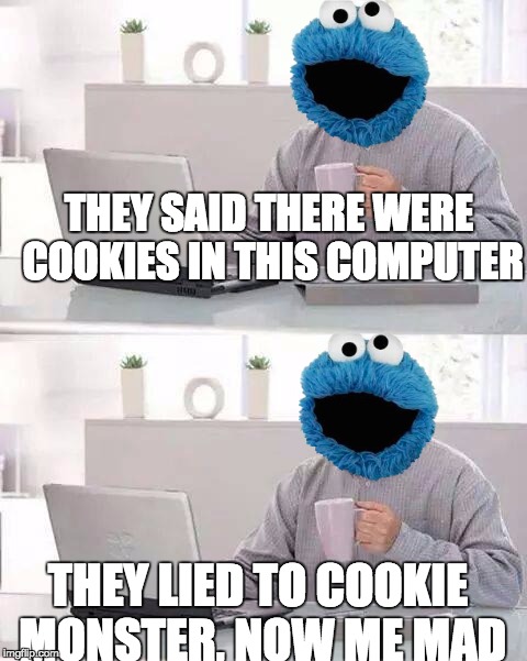 Hide the Pain Harold | THEY SAID THERE WERE COOKIES IN THIS COMPUTER; THEY LIED TO COOKIE MONSTER, NOW ME MAD | image tagged in memes,hide the pain harold | made w/ Imgflip meme maker