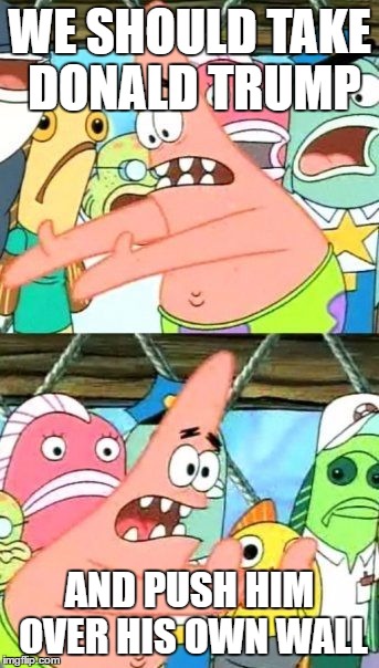 Put It Somewhere Else Patrick Meme | WE SHOULD TAKE DONALD TRUMP; AND PUSH HIM OVER HIS OWN WALL | image tagged in memes,put it somewhere else patrick | made w/ Imgflip meme maker