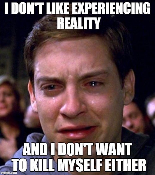 crying peter parker | I DON'T LIKE EXPERIENCING REALITY; AND I DON'T WANT TO KILL MYSELF EITHER | image tagged in crying peter parker | made w/ Imgflip meme maker