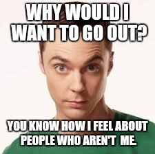 sheldon  | WHY WOULD I WANT TO GO OUT? YOU KNOW HOW I FEEL ABOUT PEOPLE WHO AREN'T  ME. | image tagged in sheldon | made w/ Imgflip meme maker