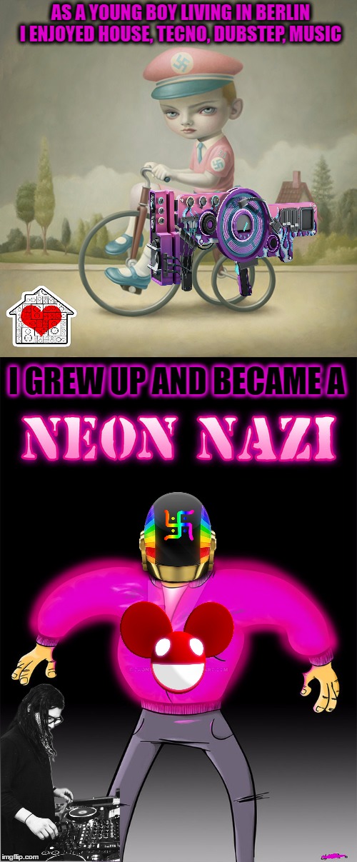 Techno, I did Nazi that coming  | AS A YOUNG BOY LIVING IN BERLIN I ENJOYED HOUSE, TECNO, DUBSTEP, MUSIC; I GREW UP AND BECAME A | image tagged in dubstep,techno,i did nazi that coming,skrillex,neo-nazis,memes | made w/ Imgflip meme maker