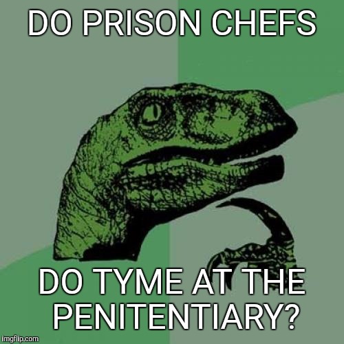 Philosoraptor Meme | DO PRISON CHEFS; DO TYME AT THE PENITENTIARY? | image tagged in memes,philosoraptor | made w/ Imgflip meme maker